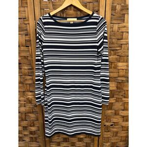 Michael Kors Navy and White Striped Long-Sleeve Shift Dress